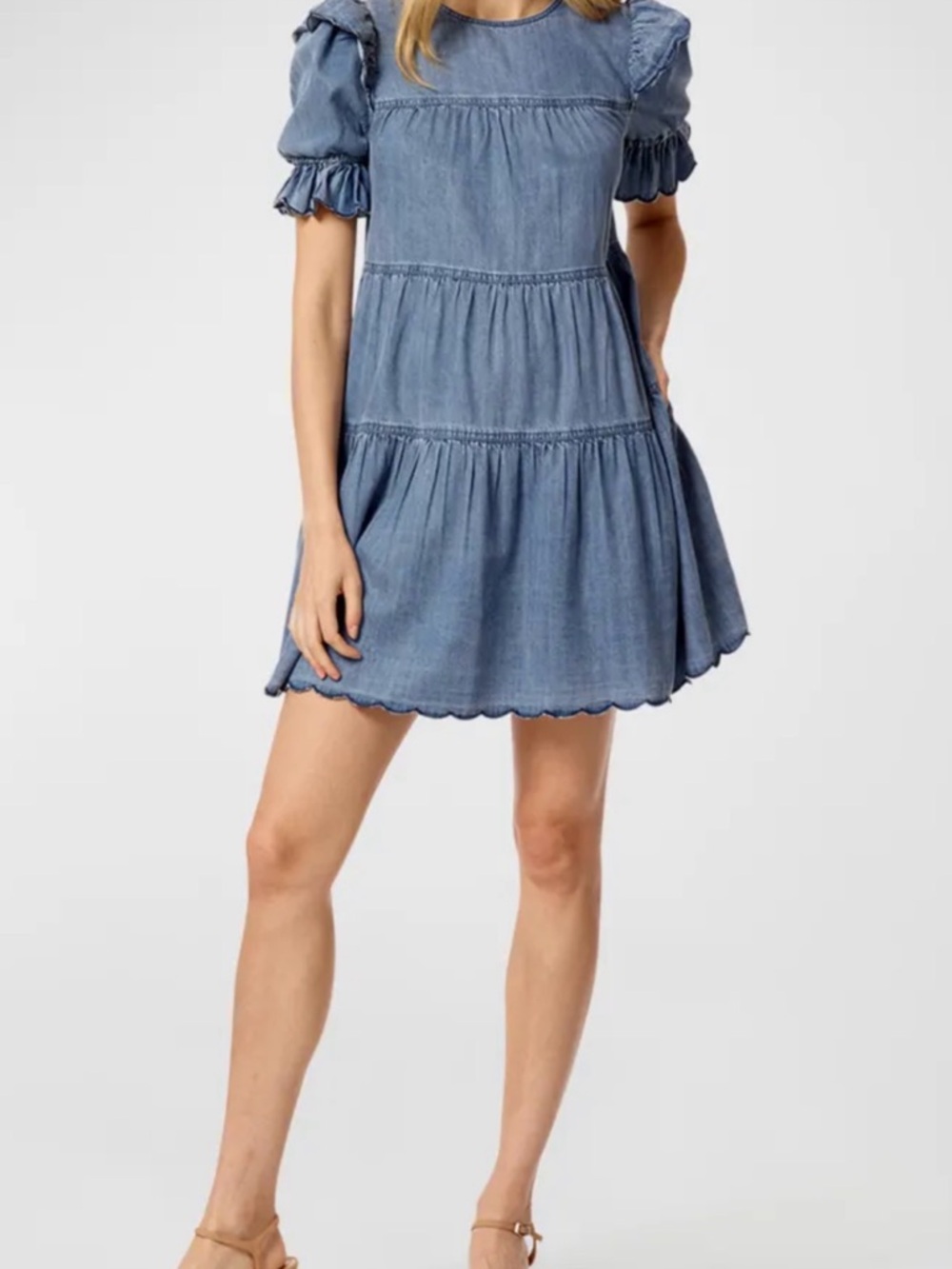 Stellah Chambray Tiered Puff-Sleeve Mini Dress - Blue Size Small